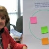 A teacher shows off a leadership post-it board